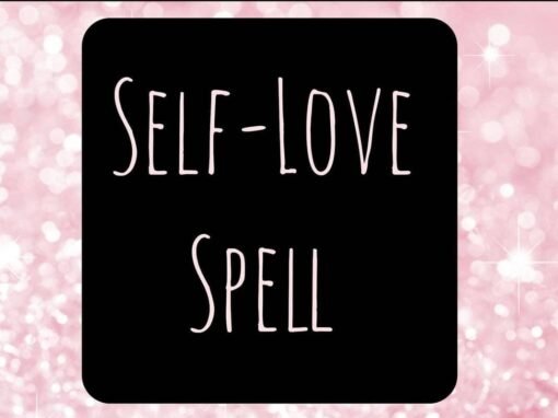 Self-Love Spells text on a pink sparkly background